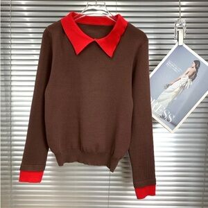 Elegant Red Collar Brown Women's Sweater